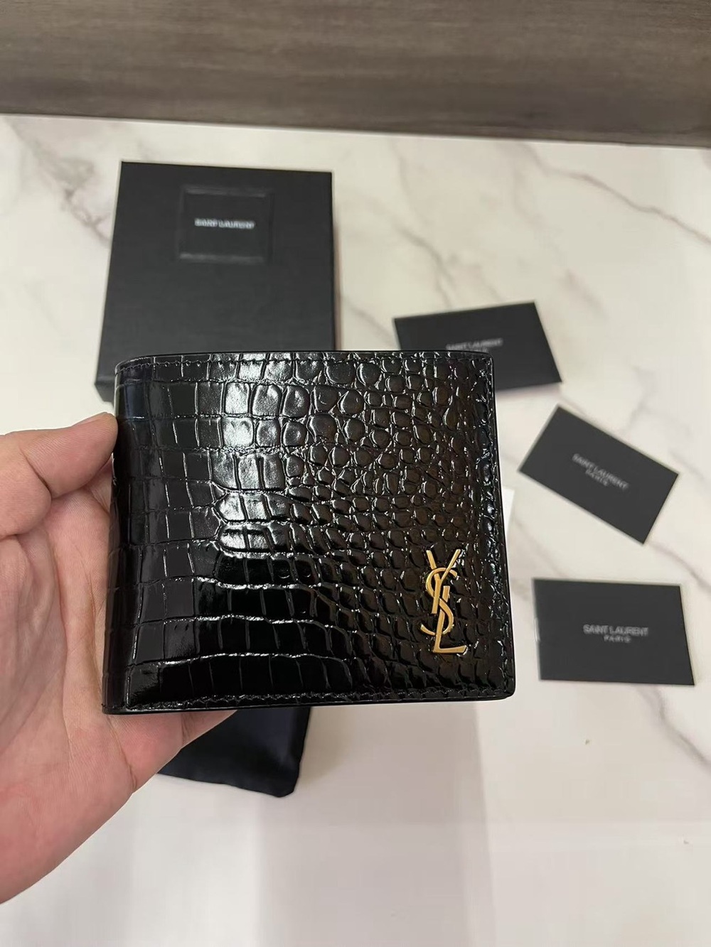 Saint Laurent Black Croc-Embossed Leather Bi-Fold Wallet with Gold YSL Logo